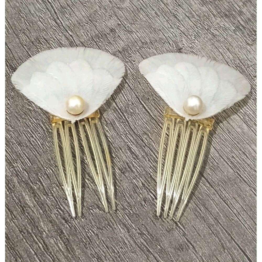 Mid Century Feather Sculpted Acrylic Faux Pearl Vintage Pair Of Hair Combs